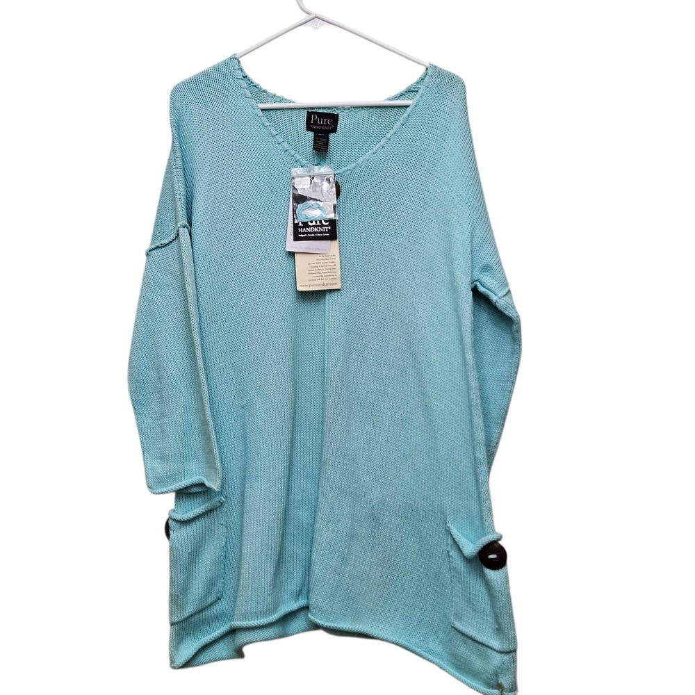 Pure Handknit Aqua‎ Blue Knit Tunic Sweater Oversized Lagenlook M L Cotton Art